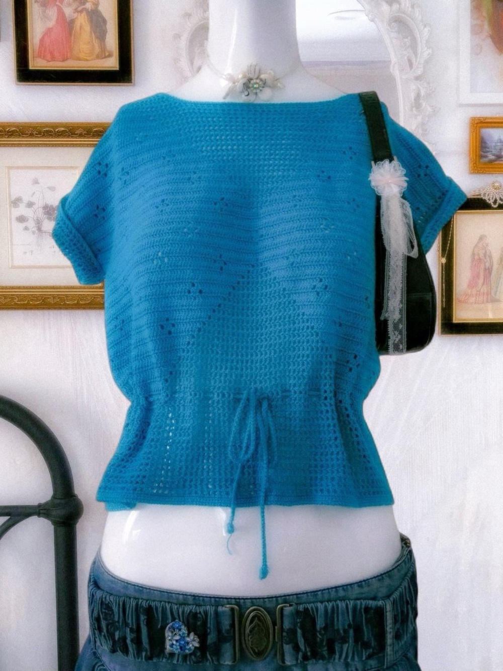 Vintage retro coastal girly hand crochet knit boatneck peplum tie waist blouse